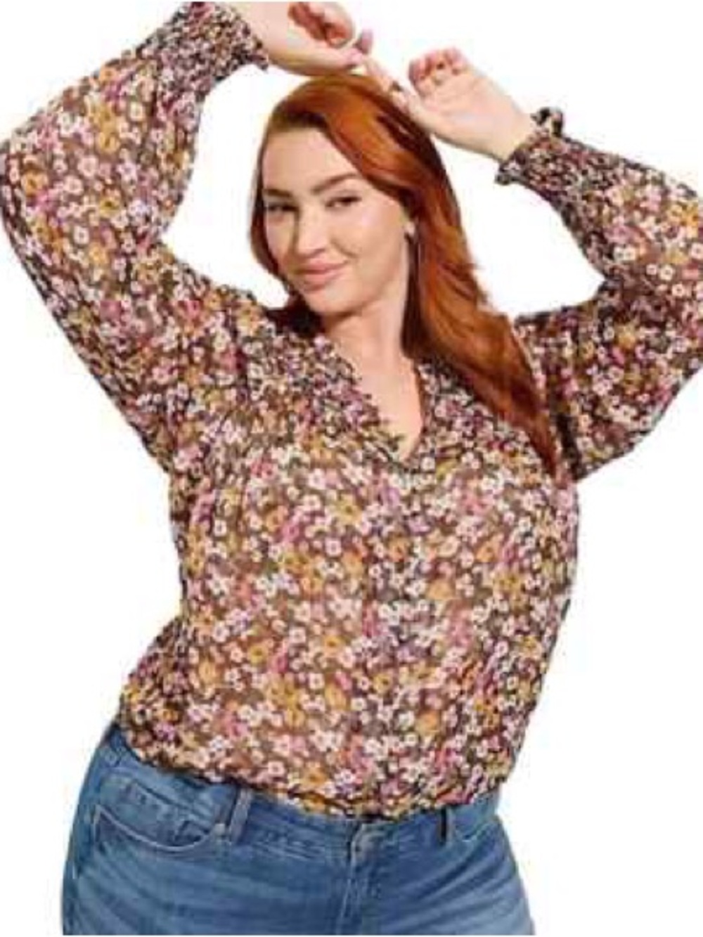 torrid Brown Floral Long-Sleeve Peasant Blouse with Pink and Cream Flowers